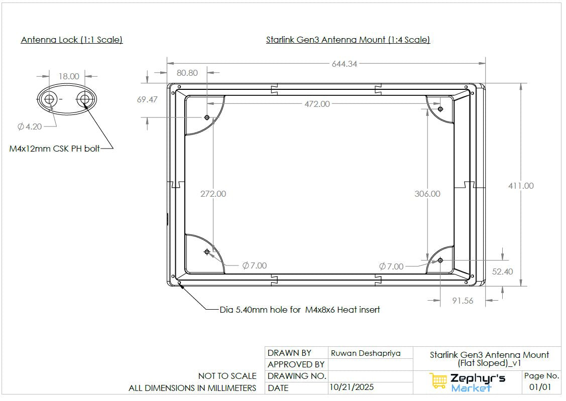 Starlink Gen 3 Antenna Flat Mount - 20° Sloped Low Profile Mount for RVs, Boats & Vehicles (Made in USA)