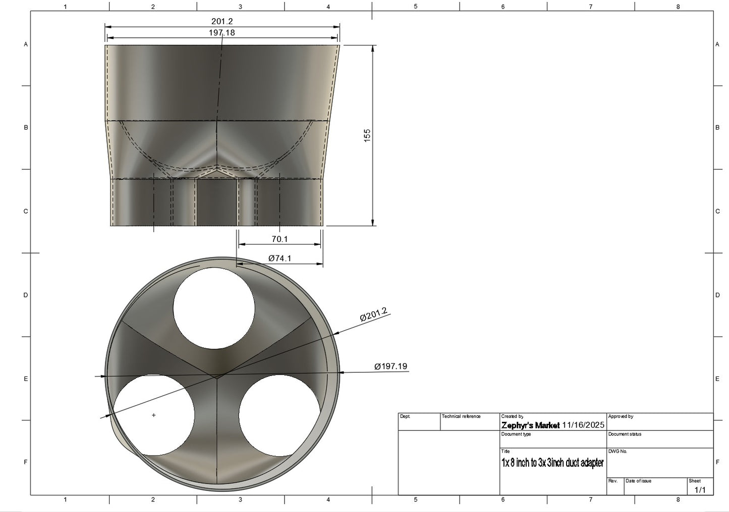 8" to 3" 3-Way Splitter Duct Connection for Woodwork Dust, Grow Tent