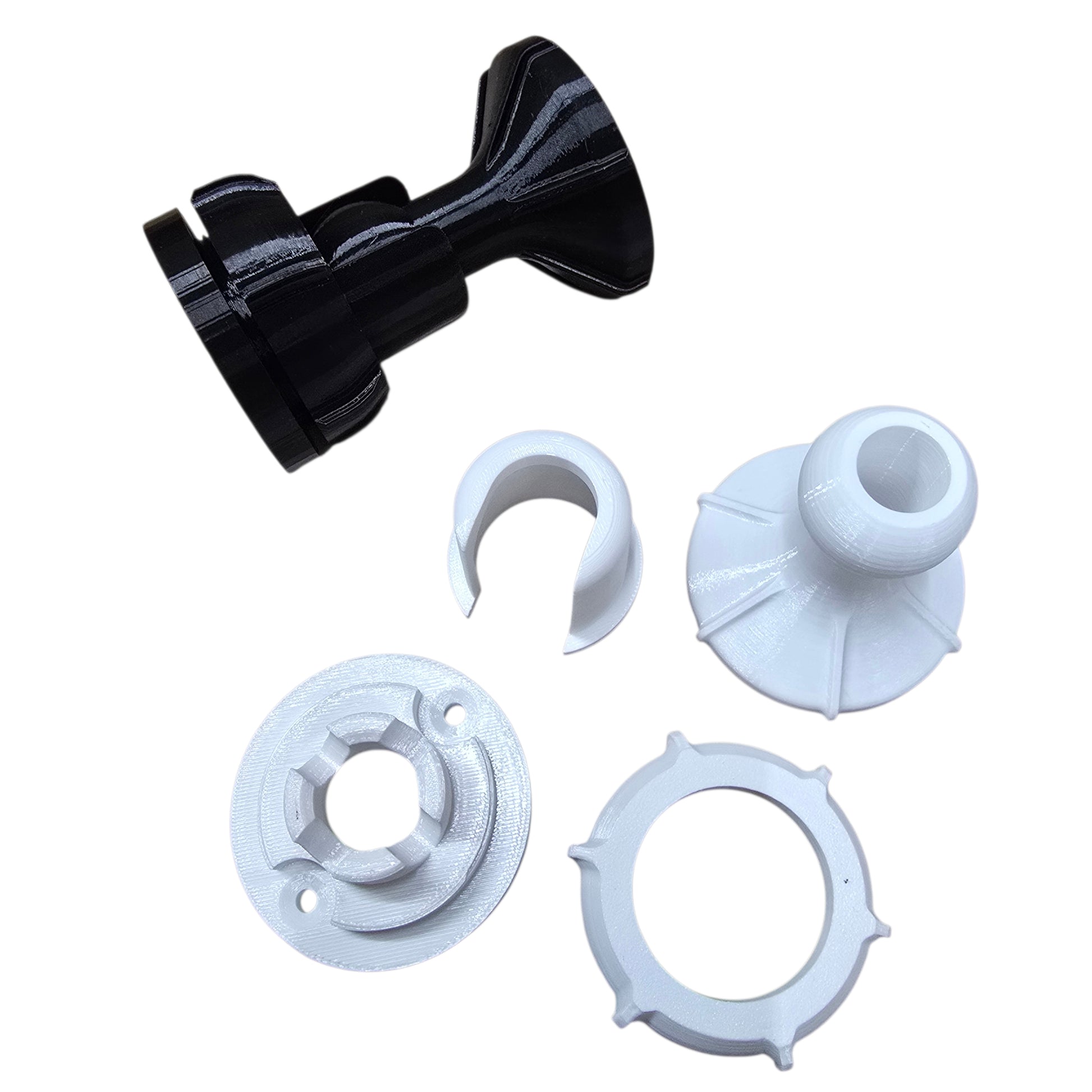 Black camera mount with white accessories on a white background